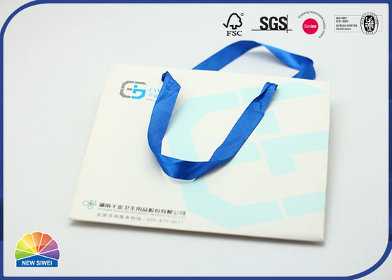 White Coated Paper Shopping Bags Custom Size Matte Lamination With Blue Handle